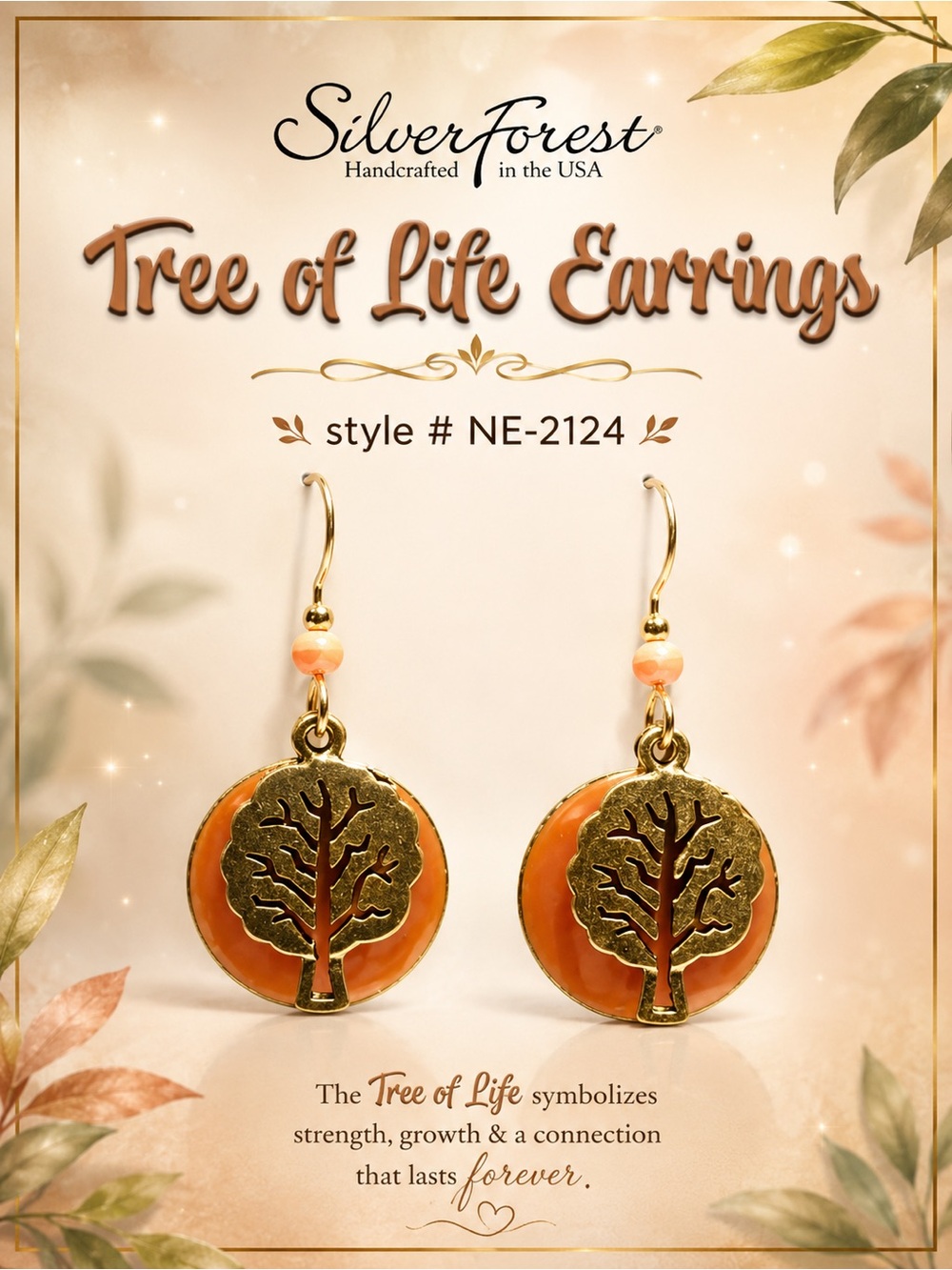 Silver Forest Tree of Life Gold and Orange Earrings
